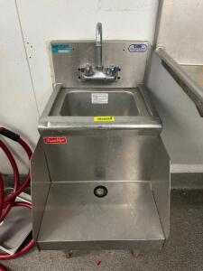 WALL MOUNTED STAINLESS HAND SINK W/ BLENDER RACK.