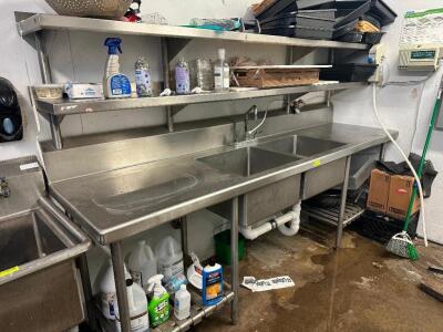 103" THREE WELL STAINLESS POT SINK W/ RISER SHELF AND DRY BOARDS.