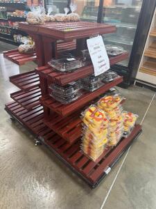 36" DOUBLE SIDED MULTI TIER WOOD DISPLAY RACK.