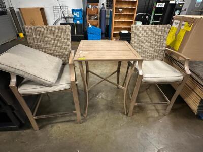 30" X 30" PUB PATIO TABLE W/ (2) BAR STOOLS.