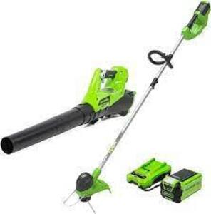 DESCRIPTION: (1) STRING TRIMMER AND BLOWER COMBO BRAND/MODEL: GREENWORKS INFORMATION: GREEN SIZE: 40V 12" RETAIL$: $169.99 EA QTY: 1