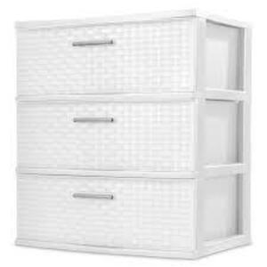 DESCRIPTION: (1) STORAGE TOWER WITH DRAWERS BRAND/MODEL: STERILITE INFORMATION: WHITE, WEAVE PATTERN SIZE: 3 DRAWER, WIDE DRAWERS RETAIL$: $26.93 EA Q