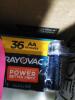 DESCRIPTION: (1) PACK OF (36) AA BATTERIES BRAND/MODEL: RAYOVAC INFORMATION: AA SIZE: HIGH ENERGY, ALKALINE RETAIL$: $19.99 EA QTY: 1 - 2