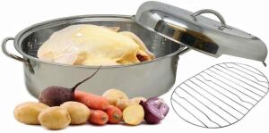 STAINLESS ROASTER PAN WITH LID AND WIRE RACK RETAILS FOR $42.78