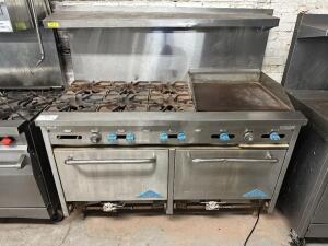 DESCRIPTION: CASTLE SIX BURNER RANGE W/ 24" GRIDDLE AND DOUBLE OVEN BRAND / MODEL: CASTLE ADDITIONAL INFORMATION NATURAL GAS. CONTACT For more details