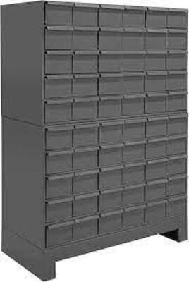 DESCRIPTION: (1) SMALL PARTS DRAWERS STORAGE CABINET BRAND/MODEL: DURHAM #028-95 INFORMATION: GRAY, STEEL SIZE: 60 DRAWERS, 17.75"D x 34"W x 47.38"H R