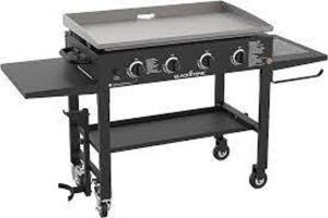 DESCRIPTION: (1) PROPANE GAS GRILL GRIDDLE COOKING STATION WITH FOLDING SHELVES BRAND/MODEL: BLACKSTONE #1863 INFORMATION: BLACK SIZE: 36", 4 BURNER R