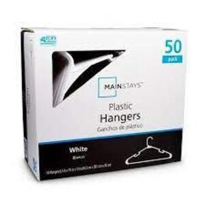 DESCRIPTION: (2) PACKS OF (50) PLASTIC HANGERS BRAND/MODEL: MAINSTAYS INFORMATION: WHITE RETAIL$: $10.00 EA QTY: 2