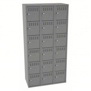 DESCRIPTION: (1) BOX LOCKERS BRAND/MODEL: TENNSCO #39FN90 INFORMATION: MEDIUM GREY SIZE: 36 IN X 18 IN X 72 IN, 6 TIERS, 3 UNITS WIDE, LOUVERED, PADLO