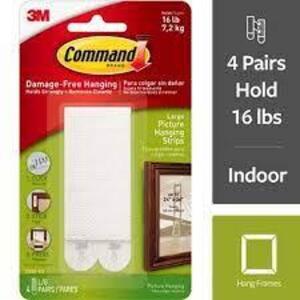 DESCRIPTION: (24) PICTURE HANGING STRIPS BRAND/MODEL: COMMAND #17206-ES INFORMATION: 4-PAIR/WHITE SIZE: .6"L X 3.88"W X 6.75"H RETAIL$: $92.16 TOTAL Q