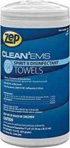 DESCRIPTION: (12) CLEAN EMS SPIRIT II DISINFECTANT TOWELS BRAND/MODEL: ZEP SIZE: 40 PRE MEASURED TOWELETTES 1"X10" RETAIL$: $125.50 TOTAL QTY: 12