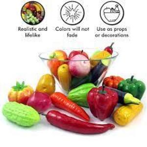 DESCRIPTION: (2) BAGS OF REALISTIC PLASTIC VEGETABLES BRAND/MODEL: LIFE LIKE SIZE: 24 PIECES RETAIL$: $22.97 EA QTY: 2