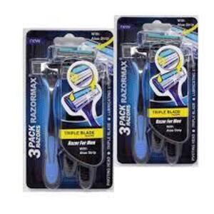 DESCRIPTION: (2) PACKS OF (3) MENS RAZORS WITH ALOE STRIP BRAND/MODEL: RAZORMAX INFORMATION: BLUE SIZE: 3 BLADES RETAIL$: $6.50 EA QTY: 2