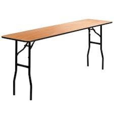 DESCRIPTION: (1) FOLDING LEG TABLE BRAND/MODEL: FLASH FURNITURE INFORMATION: WOODEN TOP SIZE: 18" X 72" RETAIL$: $117.76 EA QTY: 1