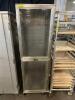 TWO SECTION ENCLOSED TRAY RACK W/ GLASS DOORS.