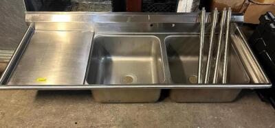 79" TWO WELL STAINLESS SINK W/ LEFT SIDE DRY BOARD.