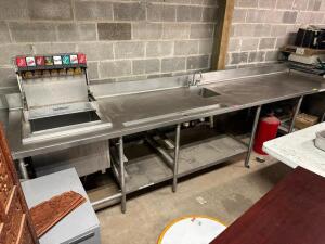 13' 6" X 35" ALL STAINLESS BEVERAGE STATION TABLE W/ FOUNTAIN SODA HEAD, ICE BIN, HAND SINK, AND 5" BACK SPLASH