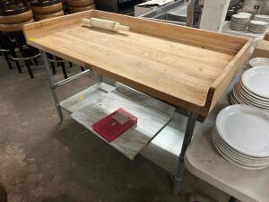 59" X 30" BUTCHER BLOCK PASTRY TABLE W/ SIDE AND BACK SPLASHED.