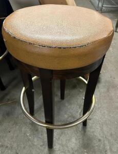 (2) 16" ROUND LEATHER BAR STOOLS W/ CHROME FOOT RAILS.