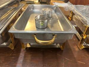 STAINLESS CHAFFER SET W/ STAND, WATER PAN, AND INSERTS.