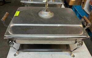 STAINLESS CHAFFER SET W/ STAND, WATER PAN, AND INSERTS.