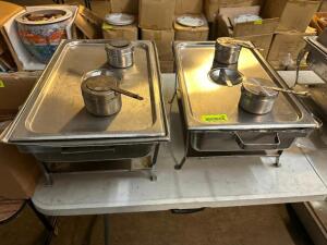 (2) STAINLESS CHAFFER SET W/ STAND, WATER PAN, AND INSERTS.