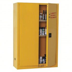 DESCRIPTION: (1) FLAMMABLES SAFETY CABINET, MANUAL CLOSE BRAND/MODEL: CONDOR #42X501 INFORMATION: YELLOW SIZE: 45 GAL, 0 DRUM CAPACITY, 43 IN X 18 IN