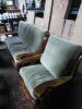 DESCRIPTION: (1) COUCH AND CHAIR MATCHING LIVING ROOM SET INFORMATION: GREEN AND PINE WOOD SIZE: 2 CUSHION COUCH AND WIDE SEAT RETAIL$: $875.00 TOTAL