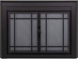 DESCRIPTION: (1) GLASS FIREPLACE DOORS BRAND/MODEL: EASTON #EA-5010 INFORMATION: BLACK/DOORS FEATURE EASY-CATCH MAGNETS SIZE: 28"H X 37"W X 2"D RETAIL