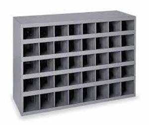 DESCRIPTION: (1) PIGEONHOLE BIN UNIT BRAND/MODEL: DURHAM #3W126 INFORMATION: GRAY SIZE: 34 IN X 12 IN X 24 IN, 40 COMPARTMENTS RETAIL$: $204.61 EA QTY