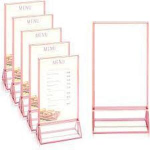 DESCRIPTION: (6) MENU HOLDERS BRAND/MODEL: STOCKROOM PLUS INFORMATION: CLEAR ACRYLIC, PINK TRIM SIZE: 4X6 OUT OF STAND RETAIL$: $16.99 EA QTY: 6