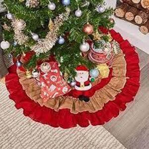 DESCRIPTION: (7) TREE SKIRTS INFORMATION: RED AND BROWN BURLAP RETAIL$: $17.99 EA QTY: 7