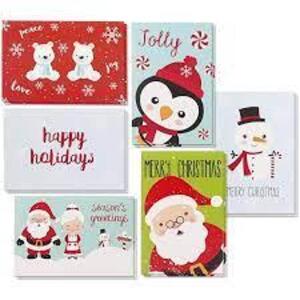 DESCRIPTION: (6) BOXES OF (48) CHRISTMAS CARDS BRAND/MODEL: JUVALE INFORMATION: RED AND WHITE BOX, MULTI CARD DESIGNS SIZE: 4X6 RETAIL$: $15.99 EA QTY