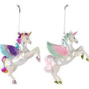 DESCRIPTION: (2) BOXES OF (2) UNICORN ORNAMENTS, CHRISTMAS BRAND/MODEL: JUVALE INFORMATION: GLASS, RAINBOW RETAIL$: $27.99 EA QTY: 2