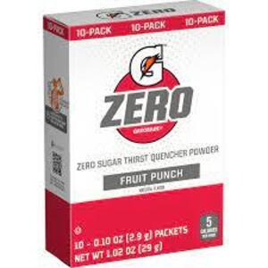 DESCRIPTION: (8) BOXES OF (10) PACKETS OF ZERO SUGAR THIRST QUENCHER POWDE5R BRAND/MODEL: GATORADE ZERO INFORMATION: FRUIT PUNCH SIZE: 2.9 G RETAIL$: