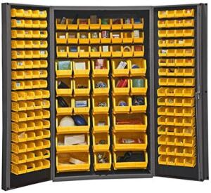 DESCRIPTION: (1) BIN STORAGE CABINET BRAND/MODEL: DURHAM INFORMATION: MANY YELLOW BINS INCLUDED SIZE: 36" x 24" x 72" RETAIL$: $1,627 QTY: 1