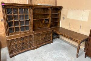 DESCRIPTION: WOODEN L-SHAPED OFFICE DESK WITH LIGHTED HUTCH INFORMATION: SEE PHOTOS FOR MORE DETAIL SIZE: 113"X82"X24"X78.5" QTY: 1