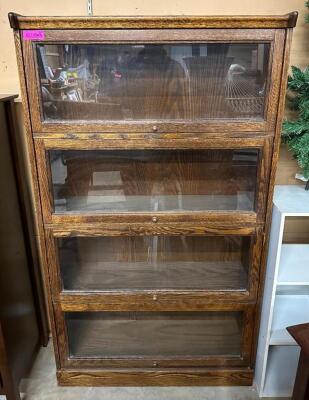 DESCRIPTION: 4-DOOR WOODEN BOOKCASE WITH GLASS DISPLAY PANELS SIZE: 36"X12"X62" QTY: 1