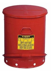 DESCRIPTION: (1) JUSTRITE FLOOR OILY WASTE CAN BRAND/MODEL: 9700 INFORMATION: RED/GALVANIZED STEEL/OPERATED SELF CLOSING RETAIL$: $179.29 SIZE: 23-7/1