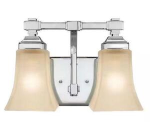 NAME: 2-LIGHT CHROME BATH LIGHT DESCRIPTION: 2-LIGHT CHROME BATH LIGHT BRAND / MODEL: HAMPTON BAY RETAIL PRICE: $62.00 THIS LOT IS: ONE MONEY QTY: 1