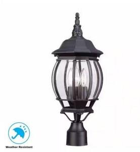 NAME: 3-LIGHT BLACK OUTDOOR LAMP DESCRIPTION: 3-LIGHT BLACK OUTDOOR LAMP THIS LOT IS: ONE MONEY QTY: 1