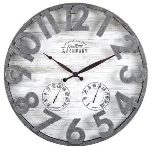 DESCRIPTION: (1) SHERWOOD SHIPLAP FARMHOUSE WALL CLOCK BRAND/MODEL: 31111 INFORMATION: SILVER/ROUND RETAIL$: $25.99 SIZE: 18"H X 18"W X 2.5"D QTY: 1