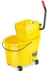 DESCRIPTION: (1) RUBBERMAID WAVEBRAKE MOP BUCKET BRAND/MODEL: H-7401Y INFORMATION: YELLOW/PRESS WRINGER RETAIL$: $95.00 SIZE: 35 QT QTY: 1