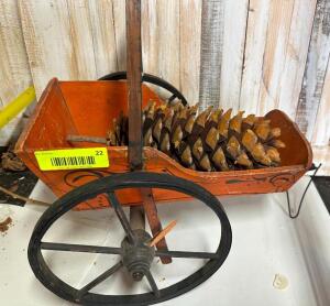 DESCRIPTION: VINTAGE CART WITH WOODEN WHEELS SIZE: 16"X9"X12" QTY: 1