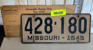 DESCRIPTION: 1945 MO LICENSE PLATE QTY: 1