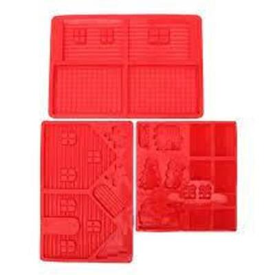 DESCRIPTION: (4) SET OF SILICONE BAKING MOLDS BRAND/MODEL: SWEETS AND TREATS INFORMATION: RED, GINGERBREAD HOUSE SHAPE SIZE: FREEZER, MICROWAVE, AND O