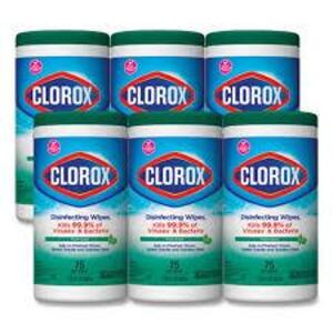 DESCRIPTION: (6) DISINFECTING WIPES BRAND/MODEL: CLOROX #22D015 SIZE: 75 WIPES PER CONTAINER RETAIL$: $67.29 TOTAL QTY: 6