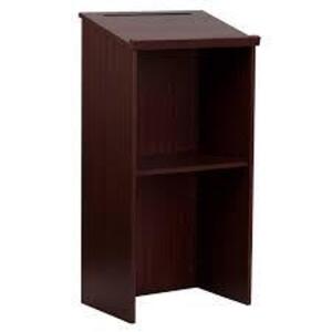 DESCRIPTION: (1) MAHOGANY FLOOR LECTERN BRAND/MODEL: FLASH FURNITURE #MT-M8830-LECT RETAIL$: $221.58 SIZE: 45-3/4 IN X 23IN W QTY: 1