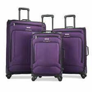 DESCRIPTION: (3) PIECE OF LUGGAGE BRAND/MODEL: AMERICAN TOURISTER POP MAX #115358-1717 INFORMATION: COLOR PURPLE RETAIL$: $309.00 TOTAL SIZE: 21" 25"