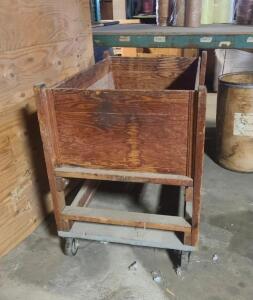 VINTAGE WOODEN MATERIAL HOPPER CART.